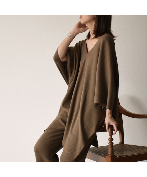 Lavish Gate（ラヴィッシュゲート）の「tops-04040　日本製　コットンリネン　リブカフタン　エクリュ　モカ（Tシャツ/カットソー・レディース・その他）」の3枚目の写真