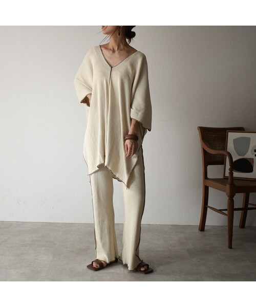 Lavish Gate（ラヴィッシュゲート）の「tops-04040　日本製　コットンリネン　リブカフタン　エクリュ　モカ（Tシャツ/カットソー・レディース・その他）」の7枚目の写真