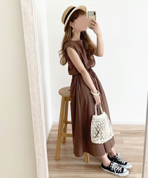 chocomee（チョコミー）の「リネンワンピース（ワンピース・レディース・ベージュ/ブラウン・FREE）」の2枚目の写真