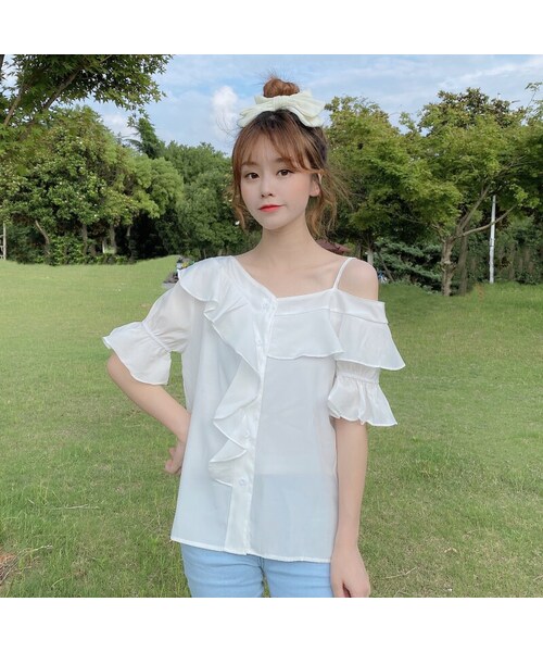 韓国 ファッション レディース トップス Tシャツ ワンショルダー アシンメトリ ワンショルダー Tシャツ オーバーサイズ トップス 半袖 肌見せ