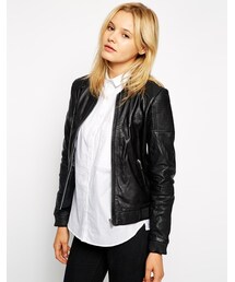 MANGO | Mango Leather Bomber Jacket With Stitched Panels(ライダースジャケット)