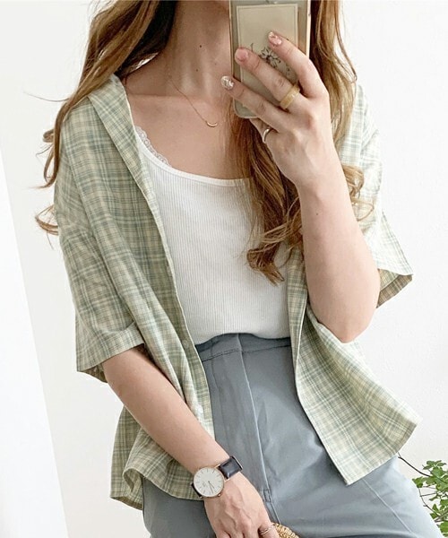 chocomee（チョコミー）の「チェックカイキンシャツ（シャツ/ブラウス・レディース・ブラック/グリーン・FREE）」の2枚目の写真