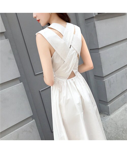 no brand（ノーブランド）の「バック クロス コットン フレア Aライン ワンピース・ブラック（ワンピース・レディース・その他）」の9枚目の写真