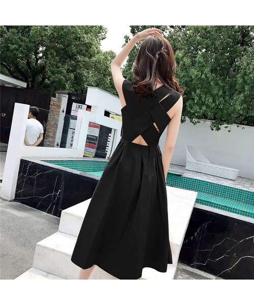 no brand（ノーブランド）の「バック クロス コットン フレア Aライン ワンピース・ブラック（ワンピース・レディース・その他）」の2枚目の写真