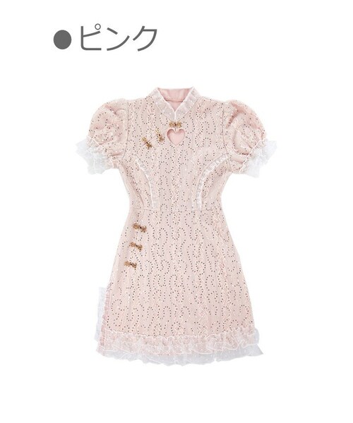 Bobon21（ボボンニジュウイチ）の「スパンコールチャイナミニドレス-全２色-（ドレス・レディース・ホワイト/ピンク・S/M/L）」の2枚目の写真
