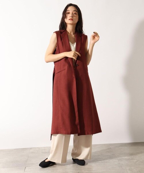 OZOC（オゾック）の「[洗える]ロングジレ（トップス・レディース・ナチュラル(050)/ブラウン(042)/モデル情報:身長158cm 着用サイズ38(M)・38(M)）」の3枚目の写真