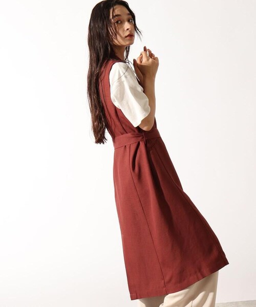 OZOC（オゾック）の「[洗える]ロングジレ（トップス・レディース・ナチュラル(050)/ブラウン(042)/モデル情報:身長158cm 着用サイズ38(M)・38(M)）」の4枚目の写真