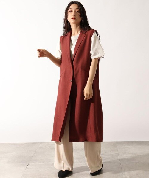 OZOC（オゾック）の「[洗える]ロングジレ（トップス・レディース・ナチュラル(050)/ブラウン(042)/モデル情報:身長158cm 着用サイズ38(M)・38(M)）」の15枚目の写真