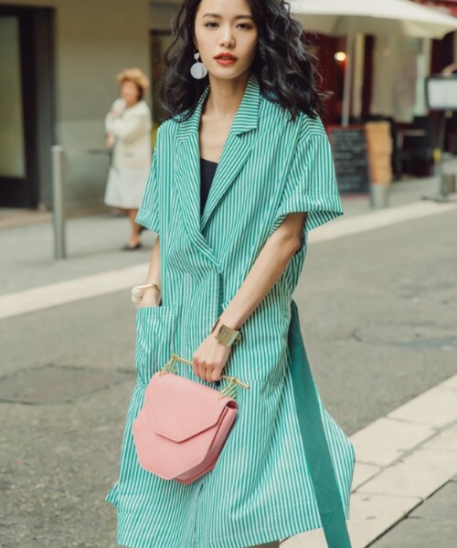 No Brand ノーブランド の 夏桜 フレンチニッチストライプシフォングリーンドレス Ns0726 007 ワンピース Wear