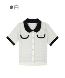 Bobon21 | 薔薇釦バイカラー半袖ニットトップス-全２色-(シャツ/ブラウス)