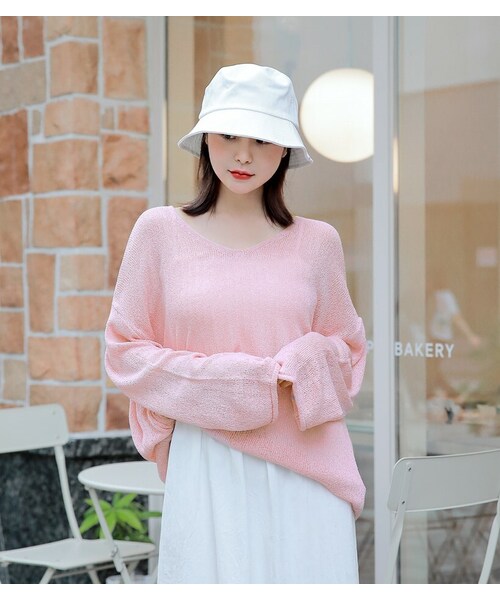 HOTPING(ホッピン)の「8ColorsVネックシースルーサマーニット(ニット/セーター・レディース・White/Brown/Purple/Pink/Green・フリーサイズ)」の5枚目の写真