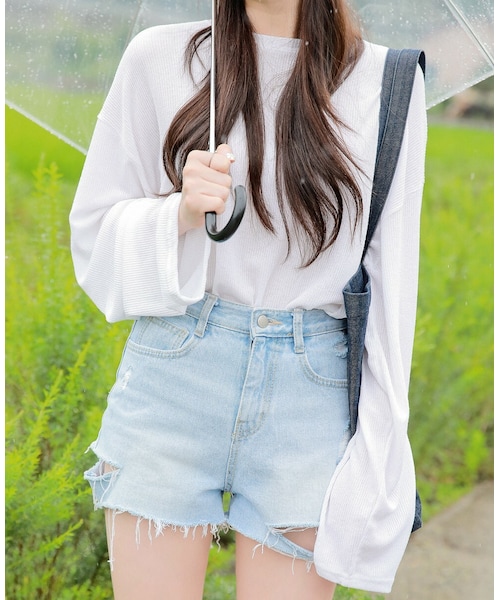 HOTPING（ホッピン）の「レーヨンミックスシースルーリブサマーニット（ニット/セーター・レディース・Blue/White/Black・フリーサイズ）」の2枚目の写真