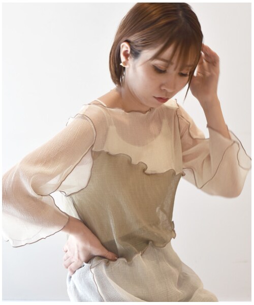 w closet（ダブルクローゼット）の「プリーツシフォン配色切替メローワンピース（ワンピース/ドレス・レディース・オフホワイト/Lモカ/Dサックス・FREE/M/L）」の12枚目の写真