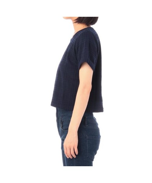 OZOC（オゾック）の「チェック織りクロップド半袖プルオーバー（カットソー・レディース・ブルー系/ホワイト/ブラック/グリーン系・M）」の5枚目の写真