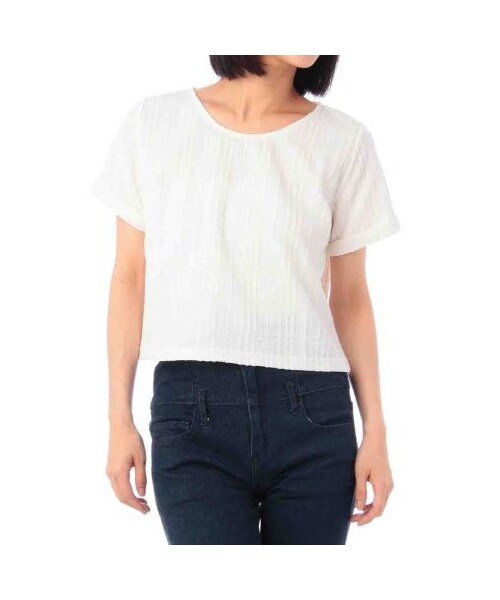 OZOC（オゾック）の「チェック織りクロップド半袖プルオーバー（カットソー・レディース・ブルー系/ホワイト/ブラック/グリーン系・M）」の2枚目の写真