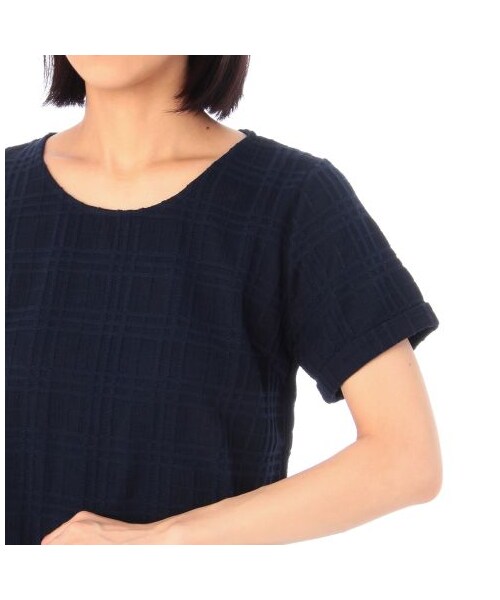 OZOC（オゾック）の「チェック織りクロップド半袖プルオーバー（カットソー・レディース・ブルー系/ホワイト/ブラック/グリーン系・M）」の7枚目の写真