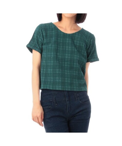 OZOC（オゾック）の「チェック織りクロップド半袖プルオーバー（カットソー・レディース・ブルー系/ホワイト/ブラック/グリーン系・M）」の4枚目の写真