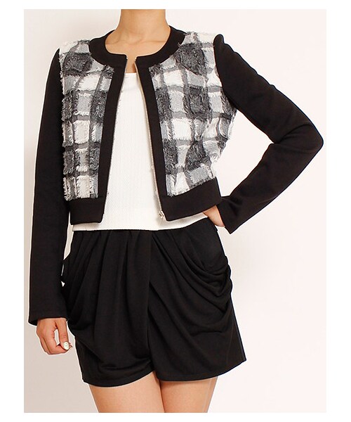 EDDY GRACE（エディグレース）の「フリンジチェックブルゾン（ジャケット/アウター・レディース・ブルー/ブラック/オフホワイト系・F）」の10枚目の写真