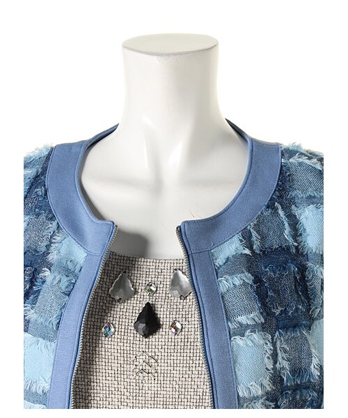 EDDY GRACE（エディグレース）の「フリンジチェックブルゾン（ジャケット/アウター・レディース・ブルー/ブラック/オフホワイト系・F）」の7枚目の写真