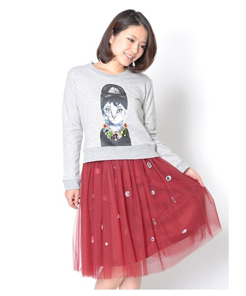 MIIA（ミーア）の「ジュエルボックスチュールスカート（スカート・レディース・ベージュ/ブラック/グレー系/ボルドー・F）」の4枚目の写真