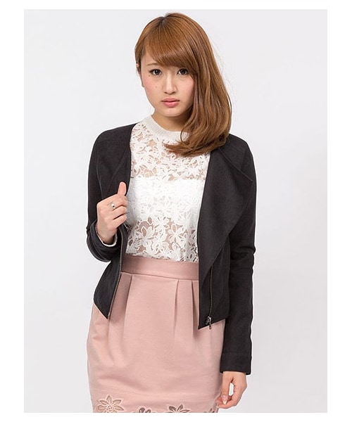 MIIA(ミーア)の「ノーカラーフェイクスエードライダース(ジャケット/アウター・レディース・ベージュ/ブルー/ブラック/ピンク・1/2)」の2枚目の写真