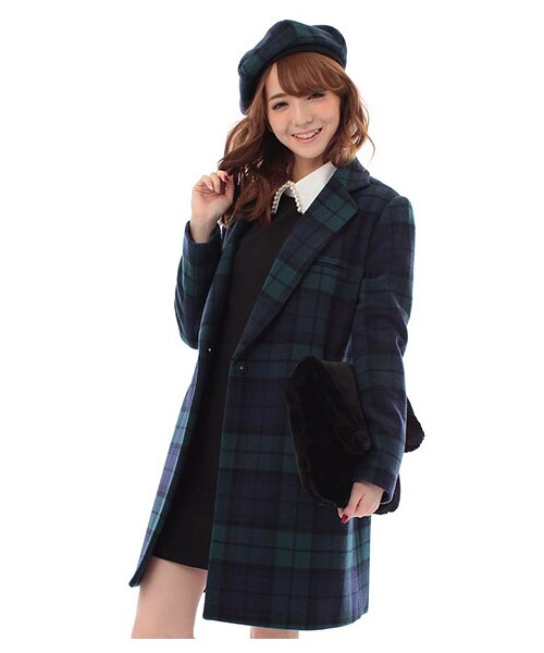 MIIA(ミーア)の「ビッグチェックチェスターコート(ジャケット/アウター・レディース・ベージュ/グリーン/グレー・1/2)」の3枚目の写真