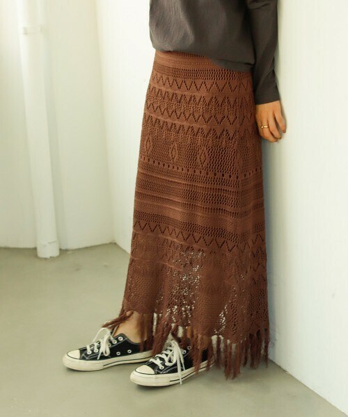 Auntie Rosa Holiday（アンティローザホリデー）の「透かし編みフリンジスカート（スカート・レディース・ベージュ/ブラウン/ホワイト・FREE）」の3枚目の写真
