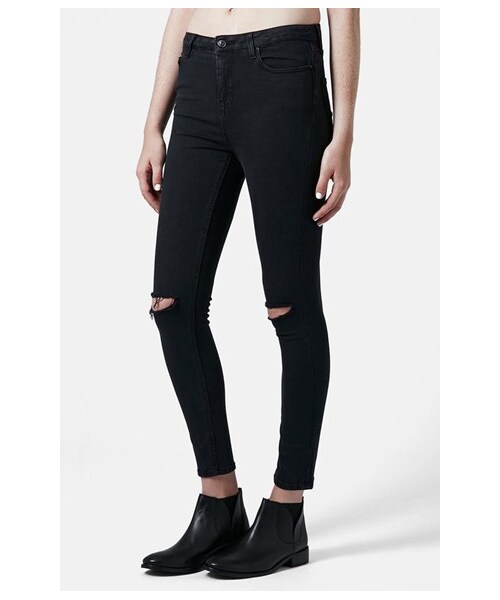 Topshop Moto 'Jamie' Dark Wash Ripped Slim Jeans (Black) (Regular & Short)