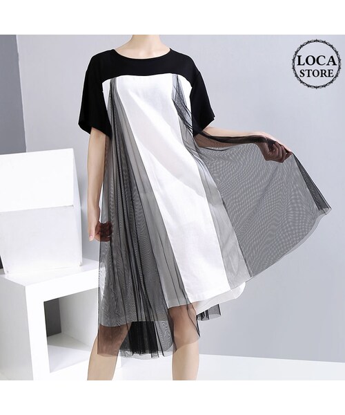 No Brand ノーブランド の ドッキングワンピース Tシャツ レース 韓国ファッション レディース ワンピース ゆったりウエスト ハイウエスト 大人カジュアル 大人可愛い ワンピース Wear