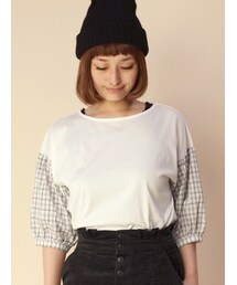 w closet | 【A/W】袖チェック切替シルケット天竺プルオーバー(トップス)