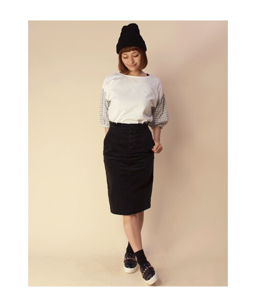 w closet（ダブルクローゼット）の「【A/W】袖チェック切替シルケット天竺プルオーバー（トップス・レディース・オフホワイト/ネイビー/ブラック・FREE）」の12枚目の写真