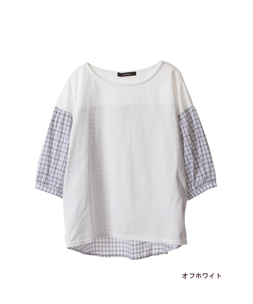 w closet（ダブルクローゼット）の「【A/W】袖チェック切替シルケット天竺プルオーバー（トップス・レディース・オフホワイト/ネイビー/ブラック・FREE）」の2枚目の写真