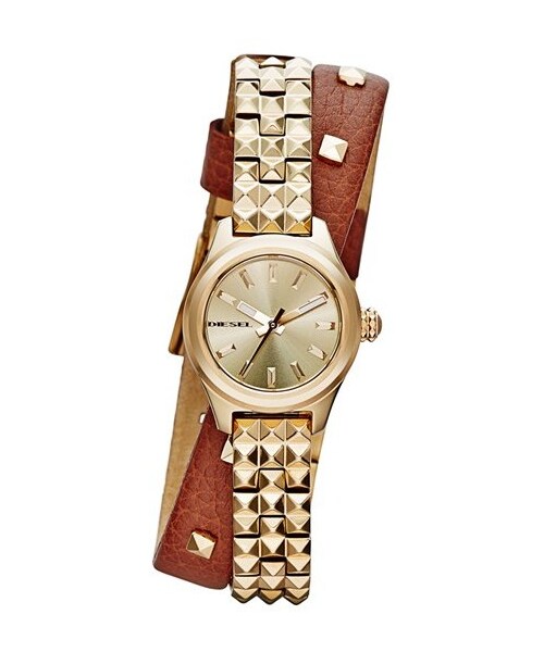 DIESEL(ディーゼル)の「DIESEL® Double Wrap Bracelet and Leather Strap Watch, 22mm(アナログ腕時計・Gold/ Brown)」の4枚目の写真
