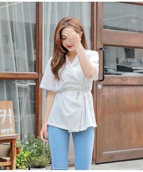 HOTPING(ホッピン)の「ストラップSETダブルボタンカラーネックブラウス(Tシャツ/カットソー・レディース・Black/Green/White・XS-S/M-L/XL-2XL)」の2枚目の写真