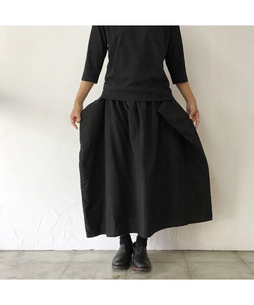 ブラックMaterialホームスパン homspun コットンギャザースカート ブラック
