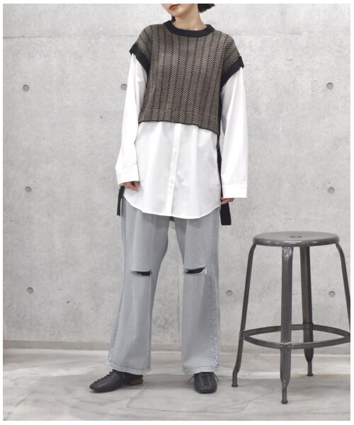 w closet（ダブルクローゼット）の「【Alley】ジャガードニットベストシャツドッキングプルオーバー（トップス・レディース・グリーン/ブラック・FREE/M/L）」の22枚目の写真