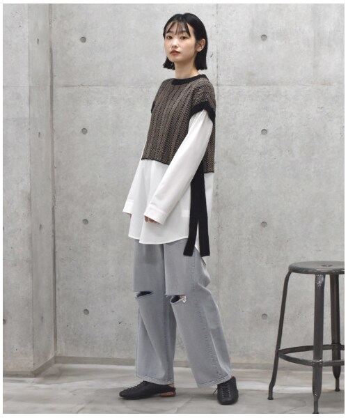 w closet（ダブルクローゼット）の「【Alley】ジャガードニットベストシャツドッキングプルオーバー（トップス・レディース・グリーン/ブラック・FREE/M/L）」の16枚目の写真