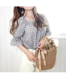 merrylatte | ふんわりスリーブチェックブラウス(Tシャツ/カットソー)