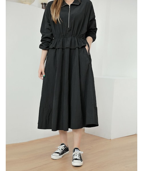 HOTPING（ホッピン）の「ハーフジップウエストストリングワンピース（ワンピース・レディース・Green/Black・XS-XL/XL-2XL/2XL-3XL）」の2枚目の写真