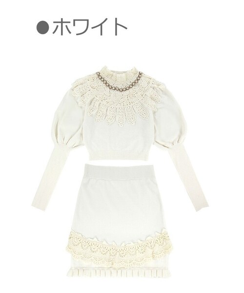 Bobon21（ボボンニジュウイチ）の「アンティーク調レースONニットセットアップ-全２色-（ワンピース・レディース・ブラック/ホワイト・S/M/L）」の2枚目の写真