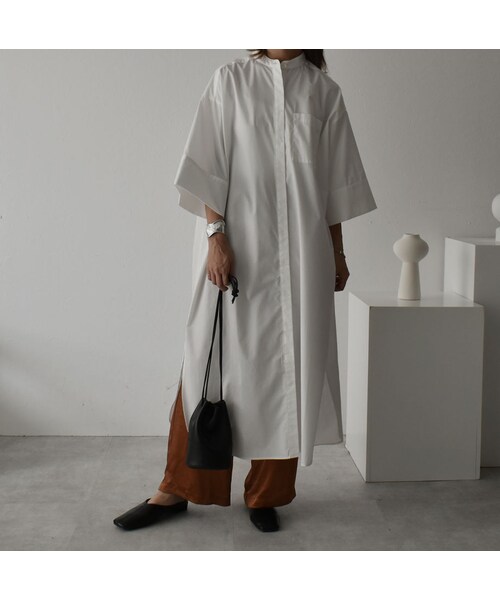 Lavish Gate(ラヴィッシュゲート)の「onepiece-04030 日本製 バンドカラー ワイドスリーブ ロングシャツワンピース オフホワイト ベージュ(ワンピース・レディース・その他)」の3枚目の写真