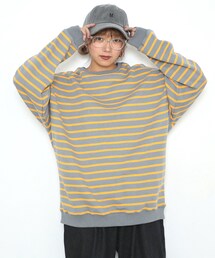 BOYSHE | ビッグシルエットクルーネック ボーダースウェット　グレー(スウェット)