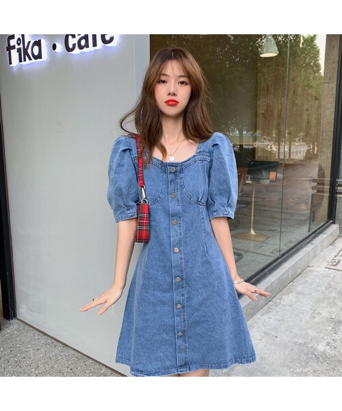 No Brand ノーブランド の デニムワンピース スクエアネック 韓国ファッション レディース ワンピース パフ袖 デニム シングルブレスト ハイウエスト 大人カジュアル 大人可愛い ガーリー Dtc ワンピース Wear