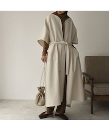 Lavish Gate | outer-04012　日本製　ウール混ニットメルトン ロングガウン　エクリュ　ダークブラウン(ダウンジャケット/コート)