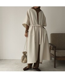 Lavish Gate | outer-04012　日本製　ウール混ニットメルトン ロングガウン　エクリュ　ダークブラウン(ダウンジャケット/コート)