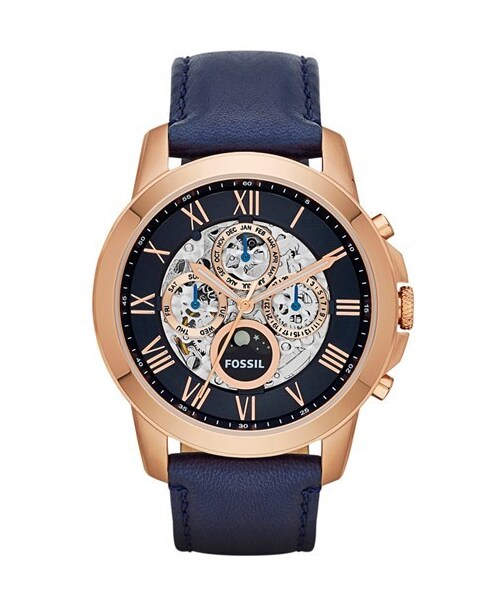 FOSSIL（フォッシル）の「Fossil 'Grant' Automatic Leather Strap Watch, 44mm（アナログ腕時計・Navy/ Rose Gold）」の2枚目の写真