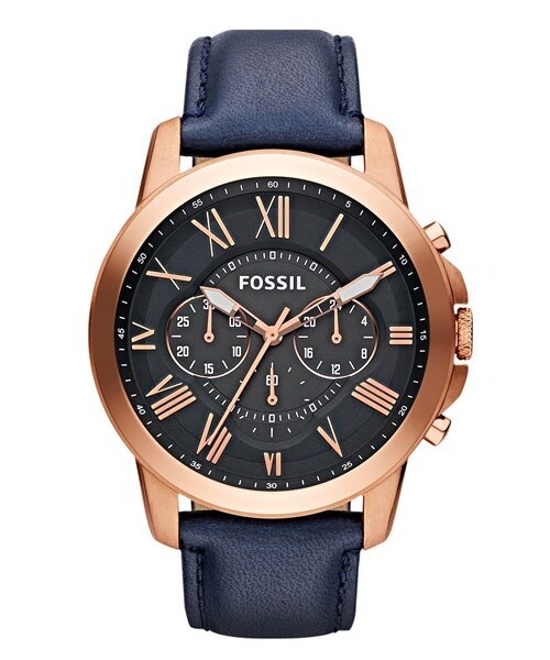 FOSSIL（フォッシル）の「Fossil 'Grant' Round Chronograph Leather Strap Watch, 44mm（アナログ腕時計・Navy/ Rose Gold）」の2枚目の写真