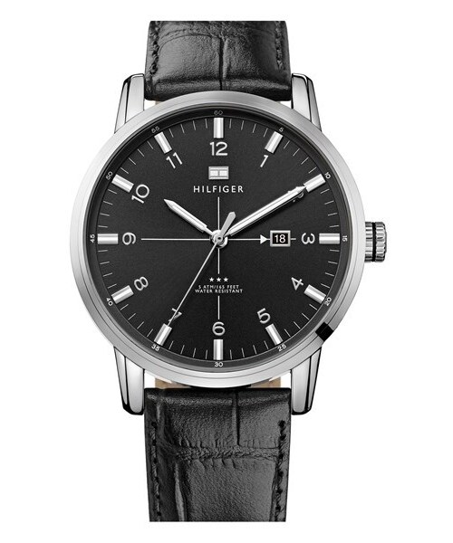 TOMMY HILFIGER(トミーヒルフィガー)の「Tommy Hilfiger Round Embossed Leather Strap Watch, 44mm(アナログ腕時計・Black)」の1枚目の写真