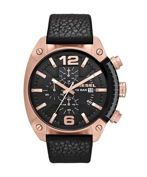 DIESEL(ディーゼル)の「DIESEL® 'Overflow' Chronograph Leather Strap Watch, 46mm x 49mm(アナログ腕時計・Black/ Rose Gold)」の2枚目の写真