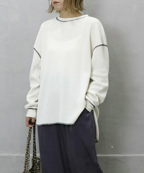 Sheson(シーズン)の「バイカラーステッチワッフルPO(Tシャツ/カットソー・レディース・ホワイト/ブラック/チャコール/ブラウン・FREE)」の1枚目の写真